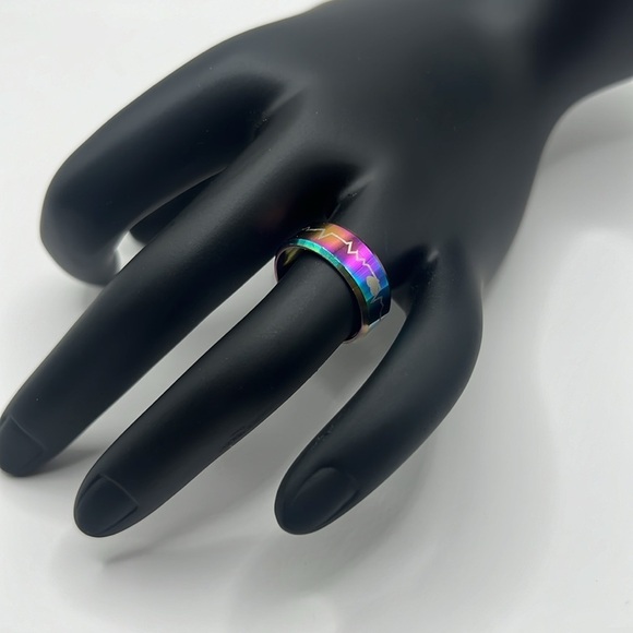 Heartline Etched Heart Pulse Rainbow Stainless Steel Ring Band - Picture 1 of 8
